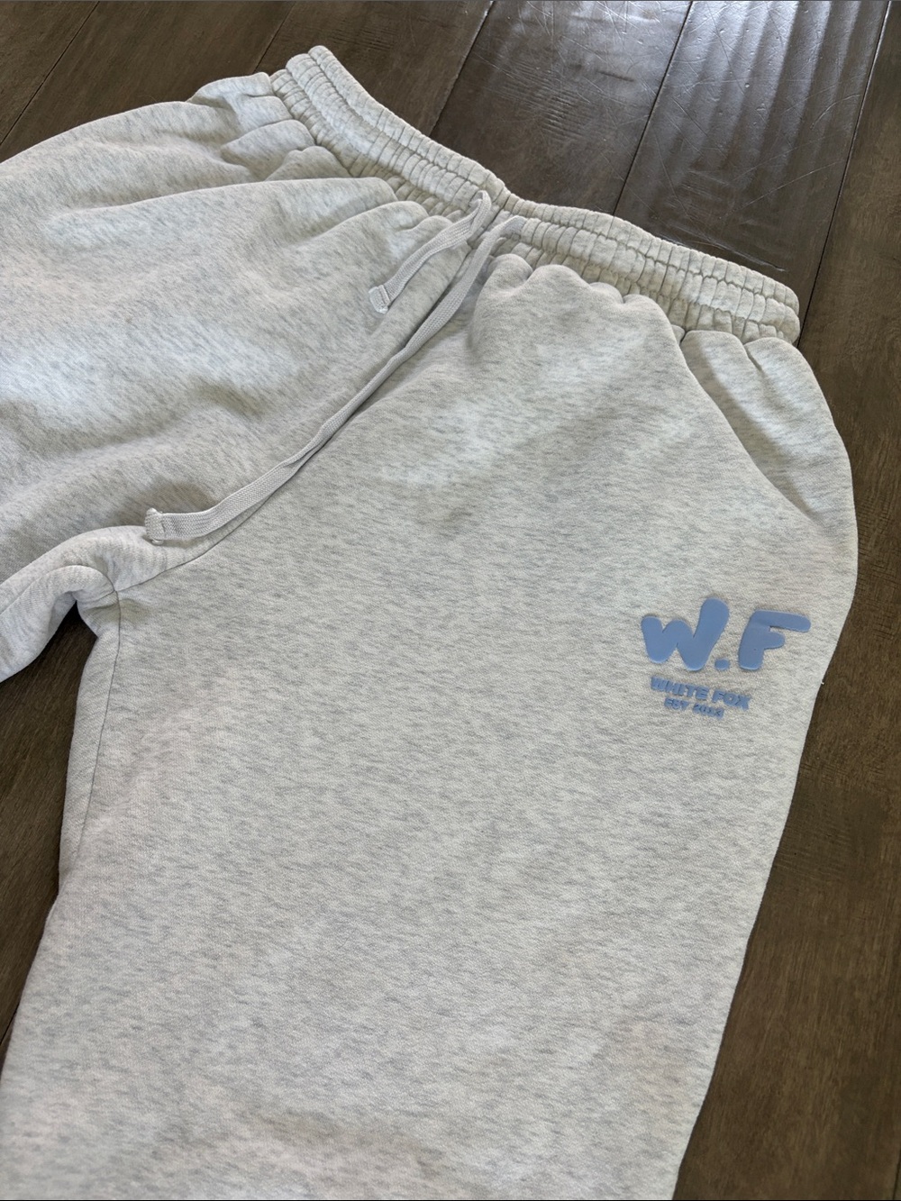 White Fox Boutique Light Heather Gray Joggers with Blue W.F. Logo